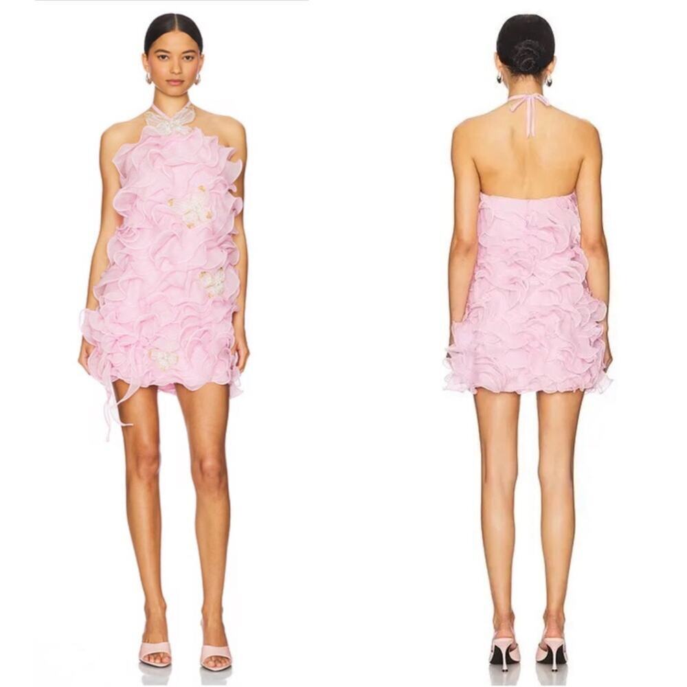 PATBO Silk Plisse Ruffle Chiffon Floral Beaded Pink Mini Dress Size 8